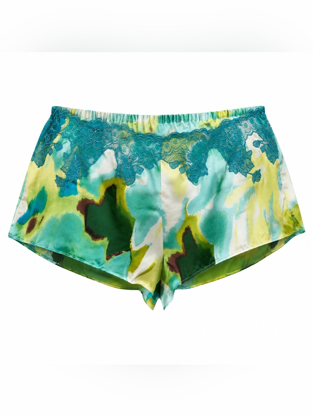 Josie Natori 100% Silk Lace Shorts Blue Green Watercolor Sz S Luxury Sleep